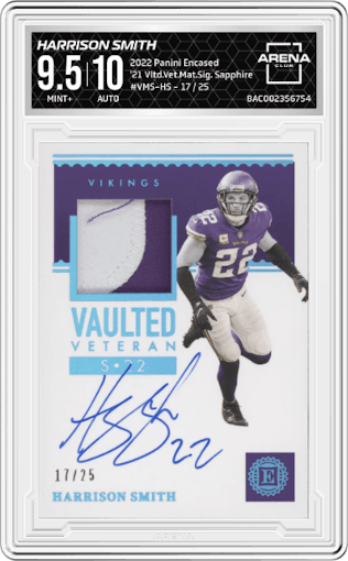 Harrison Smith from the 2022 Panini Encased set featuring a Sapphire parallel graded by Arena Club and given an overall grade of 9.5.