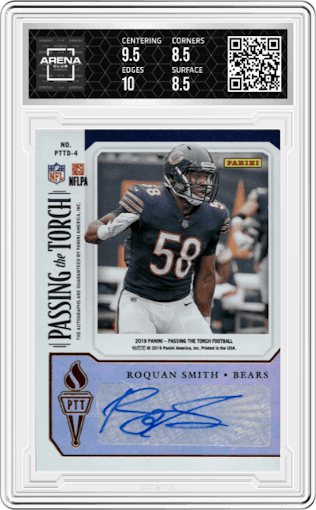 Mike Singletary/Roquan Smith from the 2019 Panini Passing the Torch set graded by Arena Club and given an overall grade of 9.