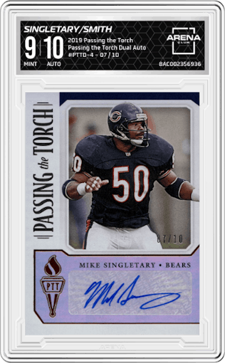 Mike Singletary/Roquan Smith from the 2019 Panini Passing the Torch set graded by Arena Club and given an overall grade of 9.