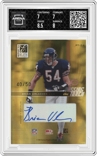 Brian Urlacher/Mike Singletary from the 2004 Donruss Elite set graded by Arena Club and given an overall grade of 7.5.