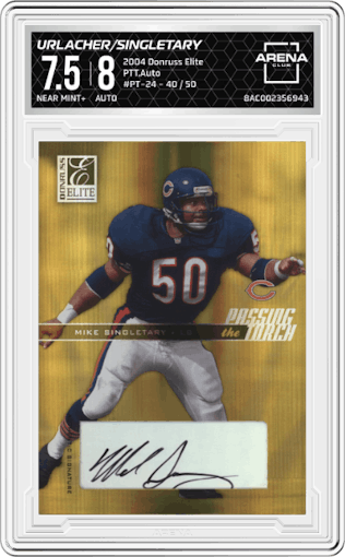 Brian Urlacher/Mike Singletary from the 2004 Donruss Elite set graded by Arena Club and given an overall grade of 7.5.