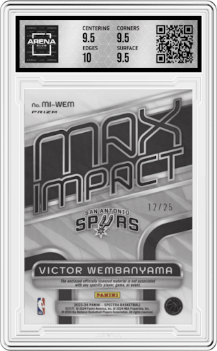 Victor Wembanyama  from the 2023-24 Panini Spectra set featuring a Meta parallel graded by Arena Club and given an overall grade of 10.