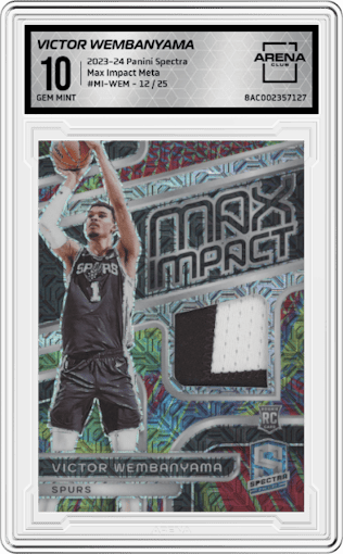 Victor Wembanyama  from the 2023-24 Panini Spectra set featuring a Meta parallel graded by Arena Club and given an overall grade of 10.
