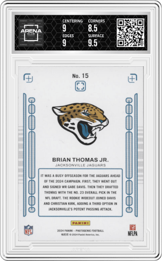 Brian Thomas Jr. from the 2024 Panini Photogenic set featuring a Silver parallel graded by Arena Club and given an overall grade of 9.