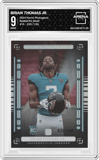 Brian Thomas Jr. from the 2024 Panini Photogenic set featuring a Silver parallel graded by Arena Club and given an overall grade of 9.