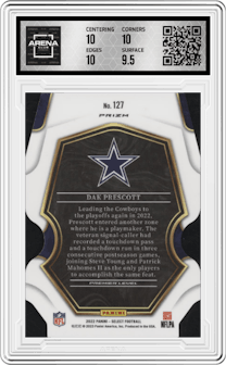 Dak Prescott from the 2022 Panini Select set featuring a Die-Cut Zebra parallel graded by Arena Club and given an overall grade of 10.