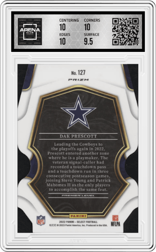 Dak Prescott from the 2022 Panini Select set featuring a Die-Cut Zebra parallel graded by Arena Club and given an overall grade of 10.