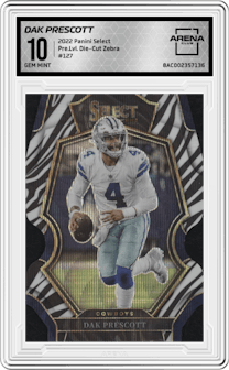 Dak Prescott from the 2022 Panini Select set featuring a Die-Cut Zebra parallel graded by Arena Club and given an overall grade of 10.