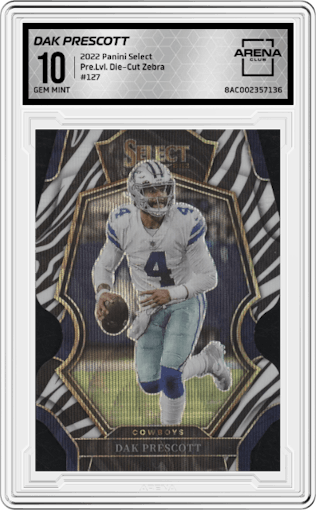 Dak Prescott from the 2022 Panini Select set featuring a Die-Cut Zebra parallel graded by Arena Club and given an overall grade of 10.