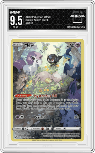 Mew from the 2023 Pokemon SWSH set graded by Arena Club and given an overall grade of 9.5.