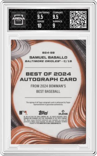 Samuel Basallo from the 2024 Bowman's Best set graded by Arena Club and given an overall grade of 9.5.