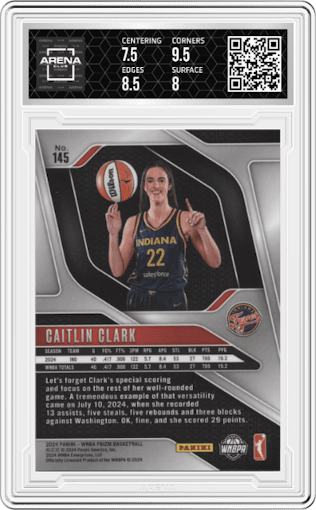Caitlin Clark from the 2024 Panini Prizm WNBA set graded by Arena Club and given an overall grade of 8.