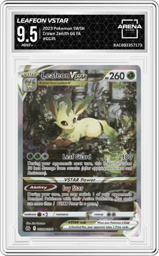 Leafeon VSTAR from the 2023 Pokemon SWSH set graded by Arena Club and given an overall grade of 9.5.