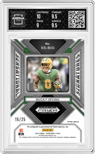 Bucky Irving from the 2024 Panini Prizm Draft Picks set featuring a Orange Wave parallel graded by Arena Club and given an overall grade of 9.5.