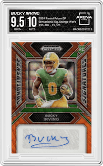 Bucky Irving from the 2024 Panini Prizm Draft Picks set featuring a Orange Wave parallel graded by Arena Club and given an overall grade of 9.5.