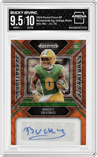Bucky Irving from the 2024 Panini Prizm Draft Picks set featuring a Orange Wave parallel graded by Arena Club and given an overall grade of 9.5.
