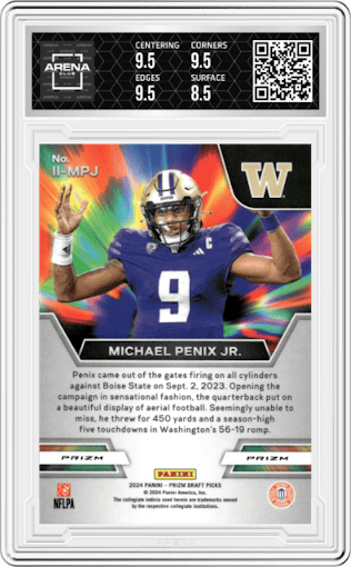 Michael Penix Jr. from the 2024 Panini Prizm Draft Picks set featuring a Red Ice parallel graded by Arena Club and given an overall grade of 9.