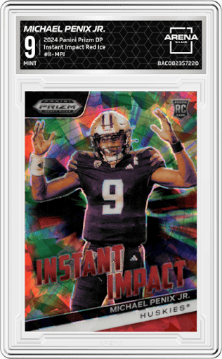 Michael Penix Jr. from the 2024 Panini Prizm Draft Picks set featuring a Red Ice parallel graded by Arena Club and given an overall grade of 9.
