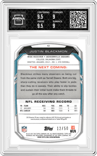 Justin Blackmon from the 2013 Bowman set featuring a Orange Rainbow Foil  parallel graded by Arena Club and given an overall grade of 9.5.