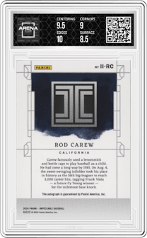 Rod Carew  from the 2024 Panini Impeccable set featuring a Silver  parallel graded by Arena Club and given an overall grade of 9.