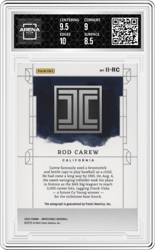 Rod Carew  from the 2024 Panini Impeccable set featuring a Silver  parallel graded by Arena Club and given an overall grade of 9.