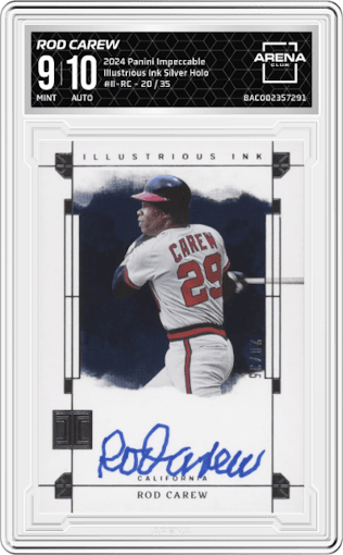 Rod Carew  from the 2024 Panini Impeccable set featuring a Silver  parallel graded by Arena Club and given an overall grade of 9.
