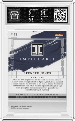 Spencer Jones from the 2024 Panini Impeccable set featuring a Gold parallel graded by Arena Club and given an overall grade of 9.