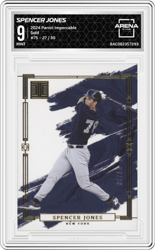 Spencer Jones from the 2024 Panini Impeccable set featuring a Gold parallel graded by Arena Club and given an overall grade of 9.