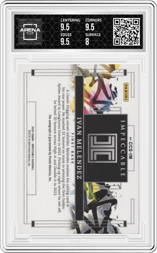 Ivan Melendez from the 2024 Panini Impeccable set featuring a Holo Gold parallel graded by Arena Club and given an overall grade of 8.5.