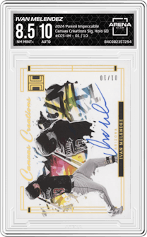 Ivan Melendez from the 2024 Panini Impeccable set featuring a Holo Gold parallel graded by Arena Club and given an overall grade of 8.5.