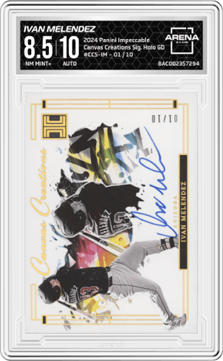 Ivan Melendez from the 2024 Panini Impeccable set featuring a Holo Gold parallel graded by Arena Club and given an overall grade of 8.5.