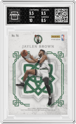 Jaylen Brown from the 2016-17 Panini Excalibur set featuring a Silver parallel graded by Arena Club and given an overall grade of 9.