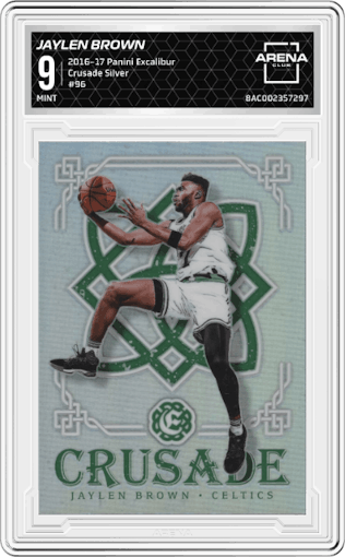 Jaylen Brown from the 2016-17 Panini Excalibur set featuring a Silver parallel graded by Arena Club and given an overall grade of 9.