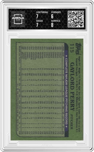 Gaylord Perry from the 1982 Topps set graded by Arena Club and given an overall grade of 6.5.