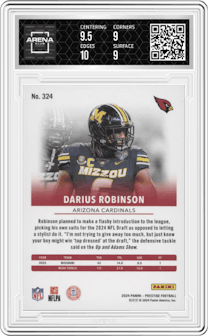 Darius Robinson from the 2024 Panini Prestige  set featuring a Xtra Points Orange parallel graded by Arena Club and given an overall grade of 9.5.