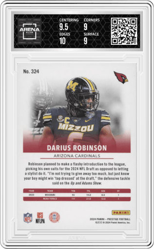 Darius Robinson from the 2024 Panini Prestige  set featuring a Xtra Points Orange parallel graded by Arena Club and given an overall grade of 9.5.