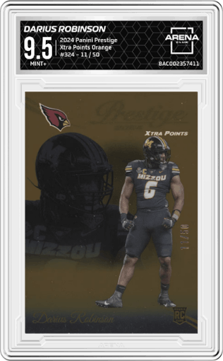 Darius Robinson from the 2024 Panini Prestige  set featuring a Xtra Points Orange parallel graded by Arena Club and given an overall grade of 9.5.