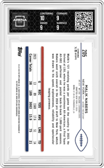 Malik Nabers from the 2024 Topps Chrome set featuring a Purple Speckle parallel graded by Arena Club and given an overall grade of 9.