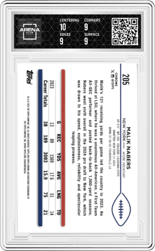 Malik Nabers from the 2024 Topps Chrome set featuring a Purple Speckle parallel graded by Arena Club and given an overall grade of 9.