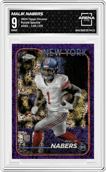 Malik Nabers from the 2024 Topps Chrome set featuring a Purple Speckle parallel graded by Arena Club and given an overall grade of 9.