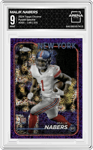 Malik Nabers from the 2024 Topps Chrome set featuring a Purple Speckle parallel graded by Arena Club and given an overall grade of 9.