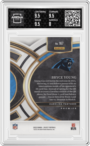 Bryce Young from the 2023 Panini Select set graded by Arena Club and given an overall grade of 8.5.
