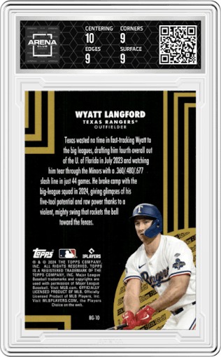 Wyatt Langford from the 2024 Topps Update set graded by Arena Club and given an overall grade of 9.5.