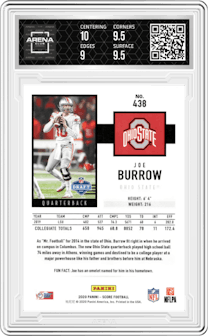 Joe Burrow from the 2020 Panini Score set graded by Arena Club and given an overall grade of 9.5.
