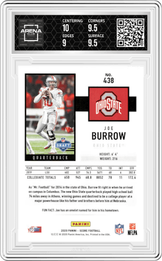 Joe Burrow from the 2020 Panini Score set graded by Arena Club and given an overall grade of 9.5.