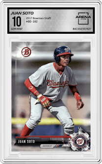 Juan Soto from the 2017 Bowman Draft set graded by Arena Club and given an overall grade of 10.
