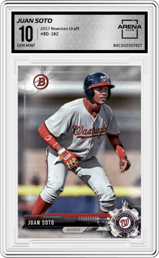 Juan Soto from the 2017 Bowman Draft set graded by Arena Club and given an overall grade of 10.