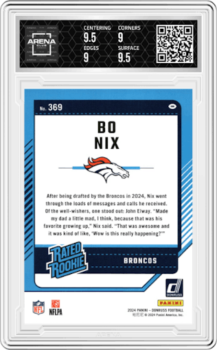 Bo Nix from the 2024 Donruss set graded by Arena Club and given an overall grade of 9.5.