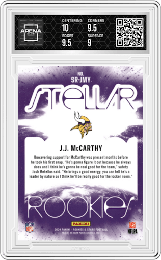 J.J. McCarthy from the 2024 Panini Rookies & Stars set featuring a Red Plaid parallel graded by Arena Club and given an overall grade of 9.5.