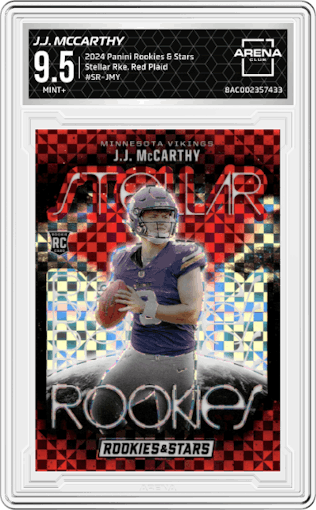 J.J. McCarthy from the 2024 Panini Rookies & Stars set featuring a Red Plaid parallel graded by Arena Club and given an overall grade of 9.5.